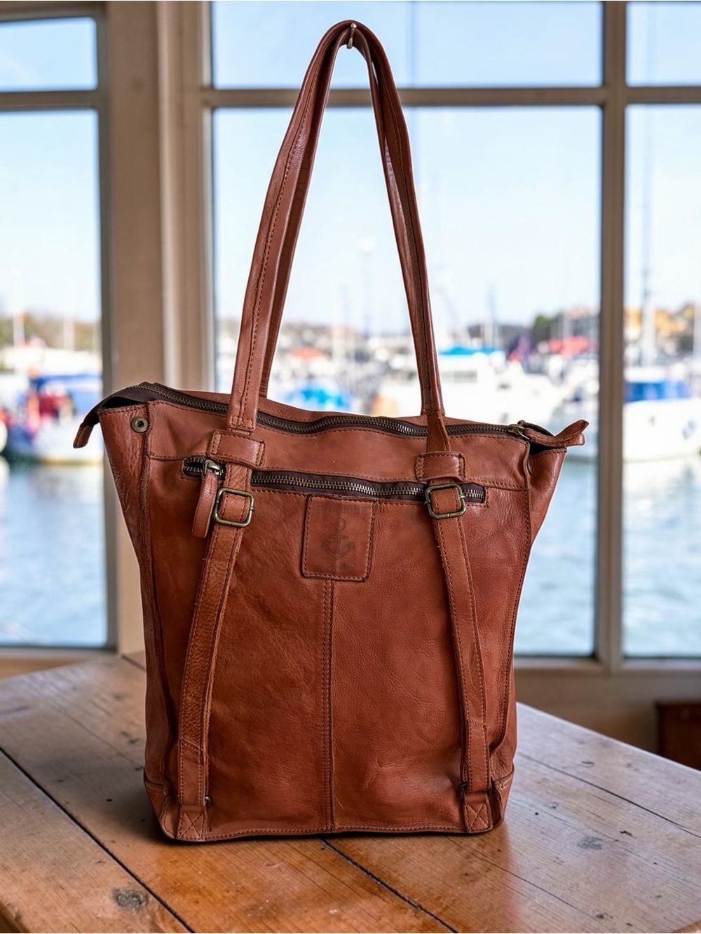 European Harbour 2nd Brown Leather Tote Backpack with Front Zip Pocket